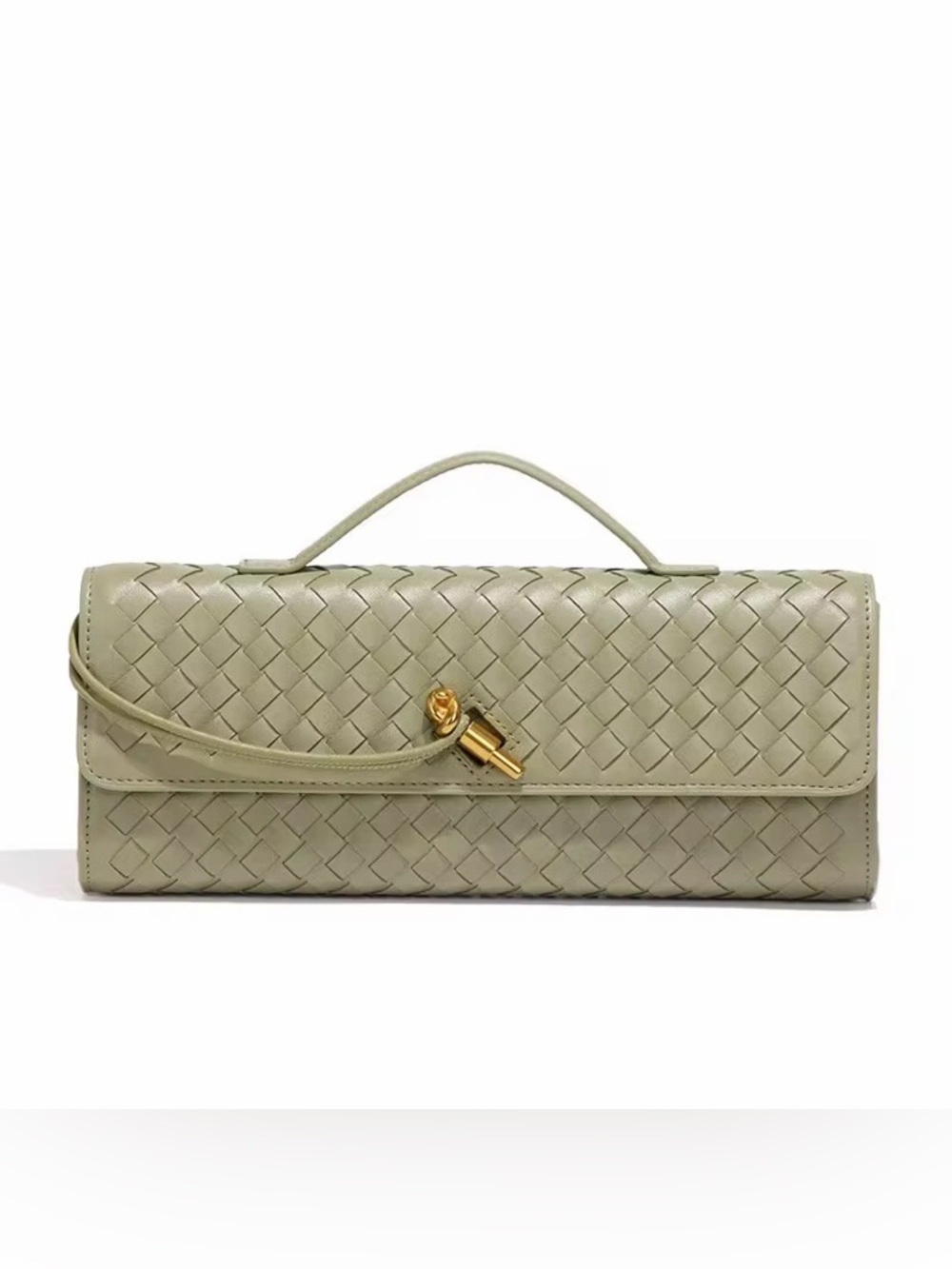 Woven Leather Top-Handle Clutch in Sage Green